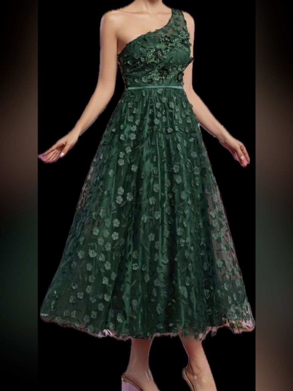 Emerald Green 3D Floral Evening Gown